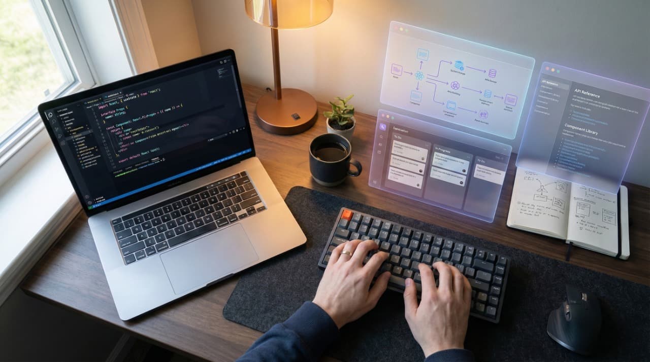 Espaço de trabalho de desenvolvedor com painéis de IA exibindo código, diagramas de arquitetura e ferramentas de produtividade