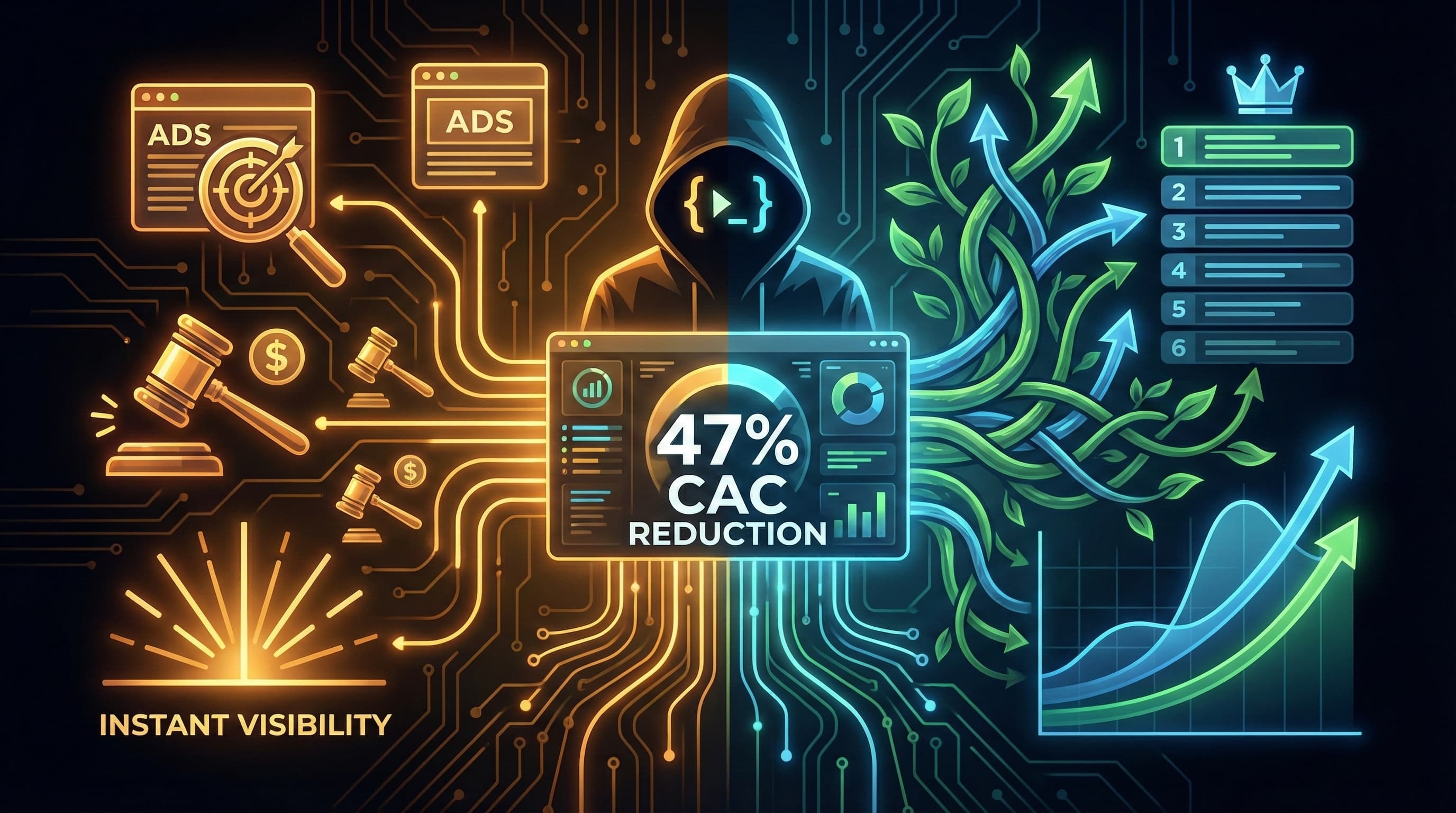 Technical architecture diagram showing how PPC and SEO integration creates synergistic business value through strategic implementation decisions